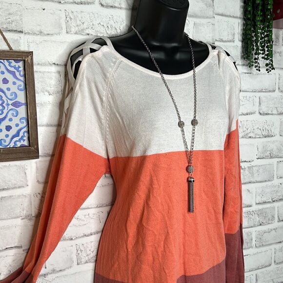 New York & Company Striped Oversized Exposed Shoulder Knit Tunic Sweater Large - Picture 2 of 7